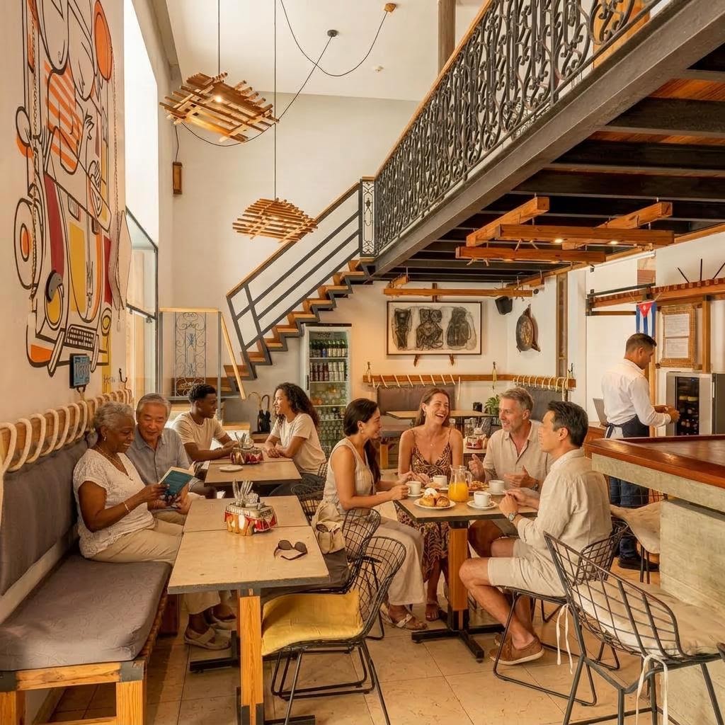 A diverse group of guests enjoying breakfast and conversation in Residencia Santa Clara’s air-conditioned bar and restaurant